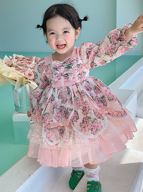 Spring Sweet Lolita Floral Lantern Sleeve Petal Lace Ruffle Hem Kids Long Sleeve Dress