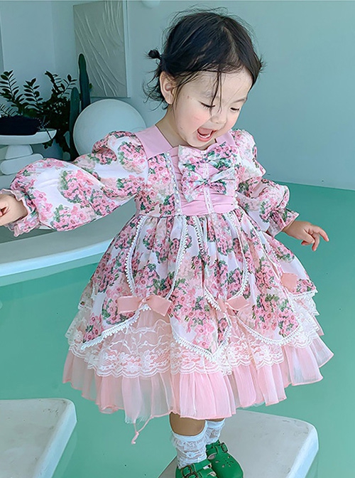 Spring Sweet Lolita Floral Lantern Sleeve Petal Lace Ruffle Hem Kids Long Sleeve Dress