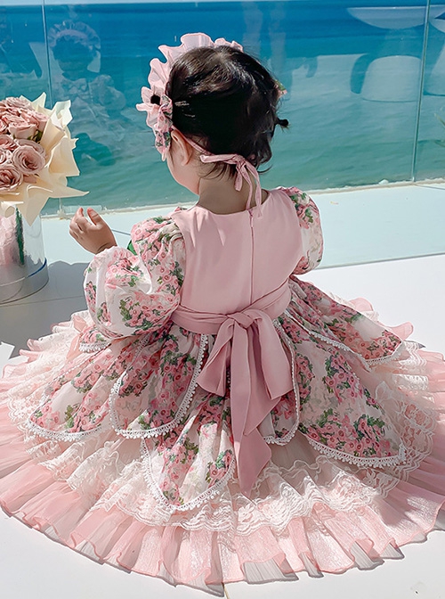 Spring Sweet Lolita Floral Lantern Sleeve Petal Lace Ruffle Hem Kids Long Sleeve Dress