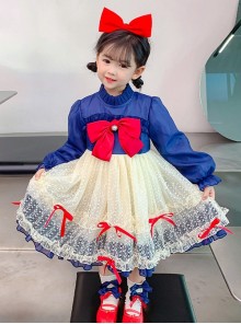 Retro Oil Painting Style Red Bowknot Decorated Lace Lantern Sleeve Classic Lolita Kids Long Sleeve Dress