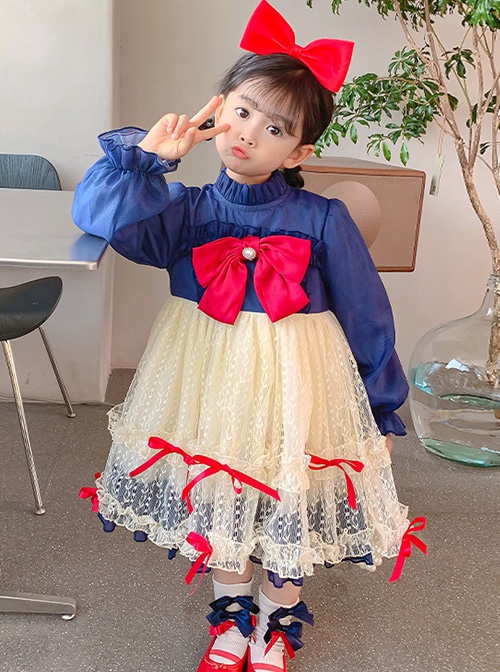 Retro Oil Painting Style Red Bowknot Decorated Lace Lantern Sleeve Classic Lolita Kids Long Sleeve Dress