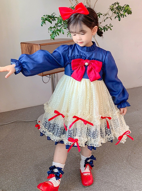 Retro Oil Painting Style Red Bowknot Decorated Lace Lantern Sleeve Classic Lolita Kids Long Sleeve Dress