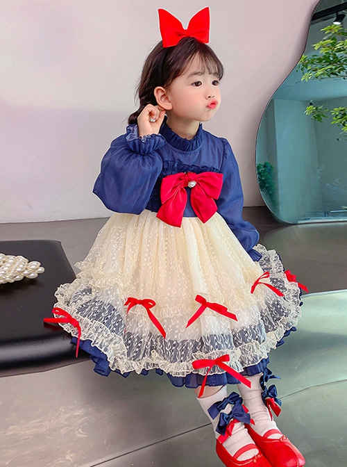 Retro Oil Painting Style Red Bowknot Decorated Lace Lantern Sleeve Classic Lolita Kids Long Sleeve Dress