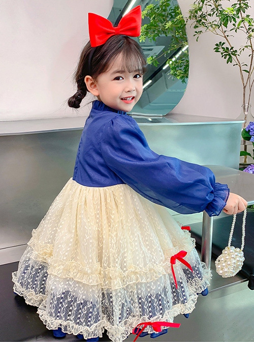 Retro Oil Painting Style Red Bowknot Decorated Lace Lantern Sleeve Classic Lolita Kids Long Sleeve Dress