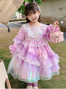 Palace Style Lace Magic Color Asymmetrical Hem Design Sweet Lolita Kids Long-Sleeved Dress