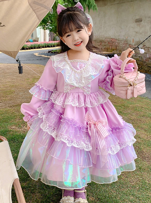 Palace Style Lace Magic Color Asymmetrical Hem Design Sweet Lolita Kids Long-Sleeved Dress