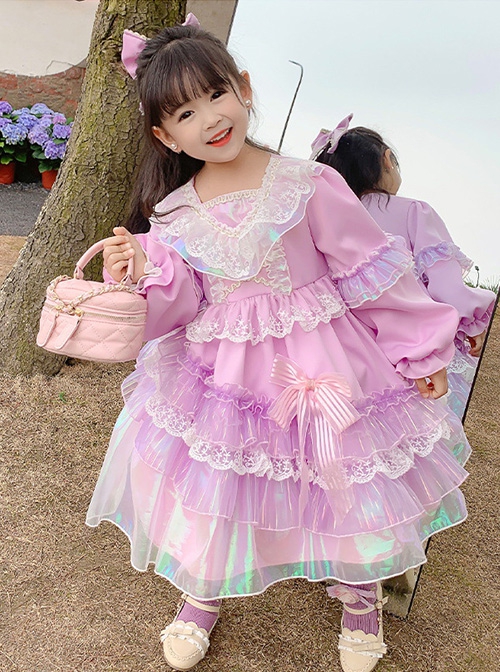 Palace Style Lace Magic Color Asymmetrical Hem Design Sweet Lolita Kids Long-Sleeved Dress