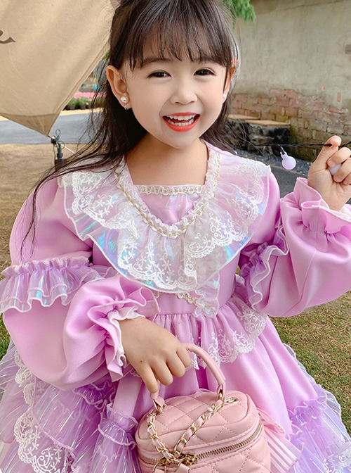 Palace Style Lace Magic Color Asymmetrical Hem Design Sweet Lolita Kids Long-Sleeved Dress