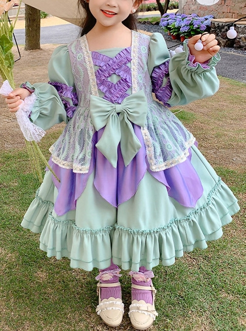 Green Purple Stitching Sweet Lolita Lace Petal Design Hem Kids Long Sleeve Dress
