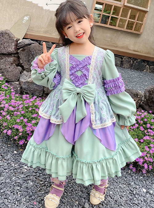 Green Purple Stitching Sweet Lolita Lace Petal Design Hem Kids Long Sleeve Dress