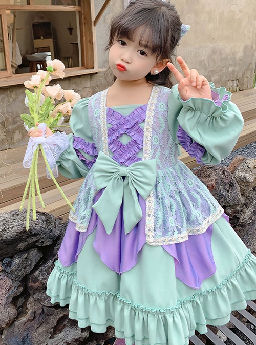 Green Purple Stitching Sweet Lolita Lace Petal Design Hem Kids Long Sleeve Dress