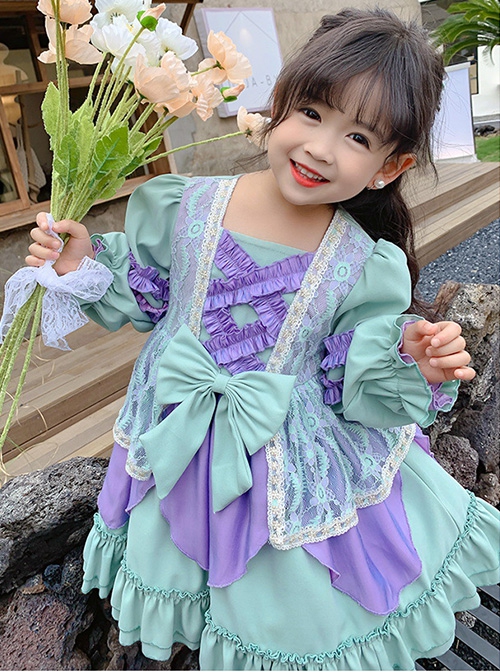 Green Purple Stitching Sweet Lolita Lace Petal Design Hem Kids Long Sleeve Dress