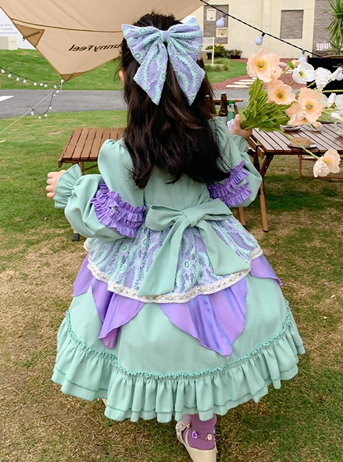 Green Purple Stitching Sweet Lolita Lace Petal Design Hem Kids Long Sleeve Dress