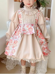 Stand Collar Spring Autumn Flower Print Court Style Puff Sleeves Big Bow-Knot Sweet Lolita Kids Long-Sleeved Dress