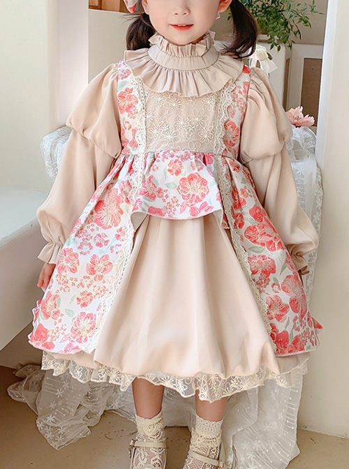 Stand Collar Spring Autumn Flower Print Court Style Puff Sleeves Big Bow-Knot Sweet Lolita Kids Long-Sleeved Dress