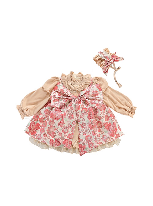 Stand Collar Spring Autumn Flower Print Court Style Puff Sleeves Big Bow-Knot Sweet Lolita Kids Long-Sleeved Dress