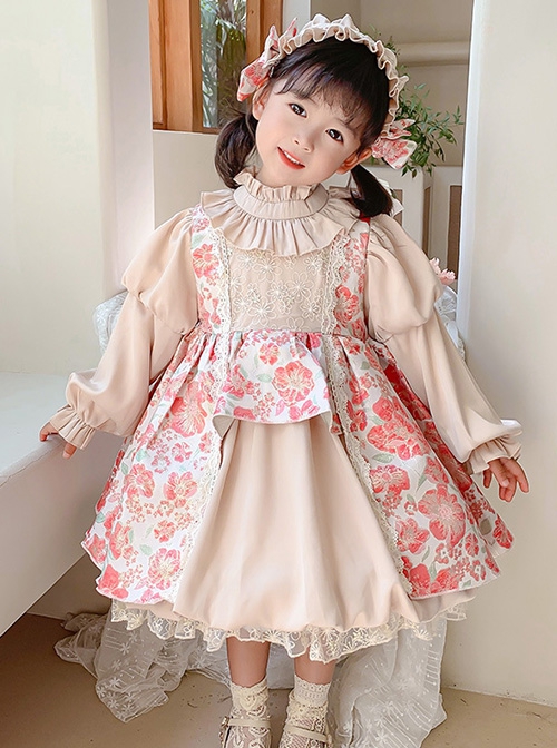 Stand Collar Spring Autumn Flower Print Court Style Puff Sleeves Big Bow-Knot Sweet Lolita Kids Long-Sleeved Dress