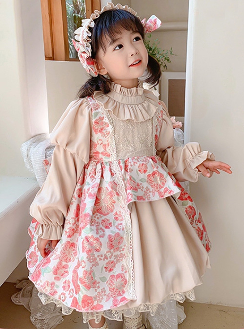 Stand Collar Spring Autumn Flower Print Court Style Puff Sleeves Big Bow-Knot Sweet Lolita Kids Long-Sleeved Dress