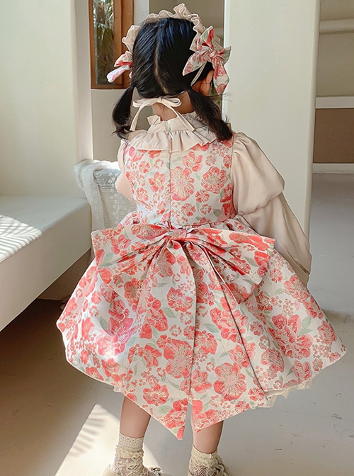 Stand Collar Spring Autumn Flower Print Court Style Puff Sleeves Big Bow-Knot Sweet Lolita Kids Long-Sleeved Dress