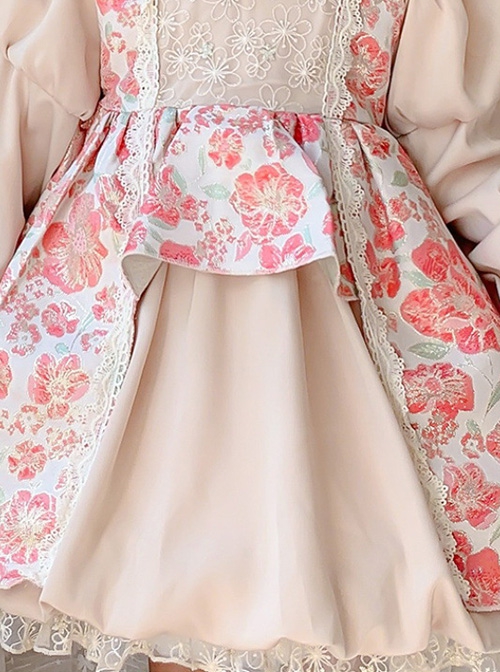 Stand Collar Spring Autumn Flower Print Court Style Puff Sleeves Big Bow-Knot Sweet Lolita Kids Long-Sleeved Dress