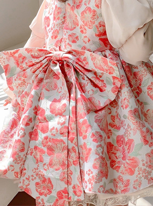 Stand Collar Spring Autumn Flower Print Court Style Puff Sleeves Big Bow-Knot Sweet Lolita Kids Long-Sleeved Dress