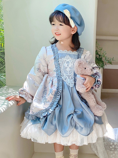 Palace Style Lace Flower Print Thickened Autumn Winter Cute Sweet Lolita Kids Long-Sleeved Dress