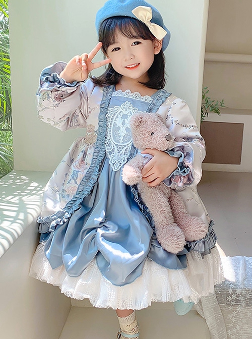 Palace Style Lace Flower Print Thickened Autumn Winter Cute Sweet Lolita Kids Long-Sleeved Dress