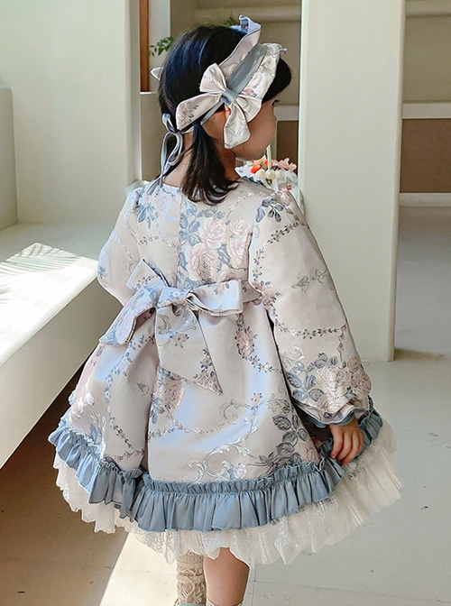 Palace Style Lace Flower Print Thickened Autumn Winter Cute Sweet Lolita Kids Long-Sleeved Dress