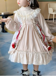 Red Rose Print Lace Decoration Stand Collar Lantern Sleeve Sweet Lolita Kids Long Sleeve Dress