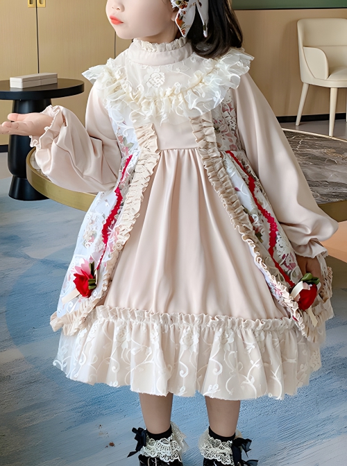 Red Rose Print Lace Decoration Stand Collar Lantern Sleeve Sweet Lolita Kids Long Sleeve Dress