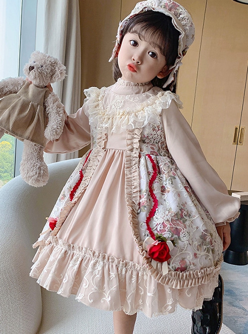 Red Rose Print Lace Decoration Stand Collar Lantern Sleeve Sweet Lolita Kids Long Sleeve Dress