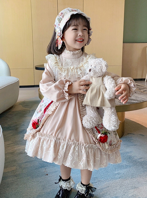 Red Rose Print Lace Decoration Stand Collar Lantern Sleeve Sweet Lolita Kids Long Sleeve Dress