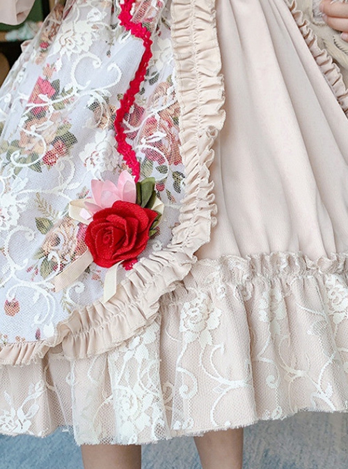 Red Rose Print Lace Decoration Stand Collar Lantern Sleeve Sweet Lolita Kids Long Sleeve Dress