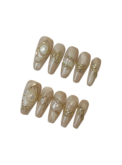 Handmade Gradient Pearl Shell Metal Color Detachable Finished Long Manicure Nail Pieces
