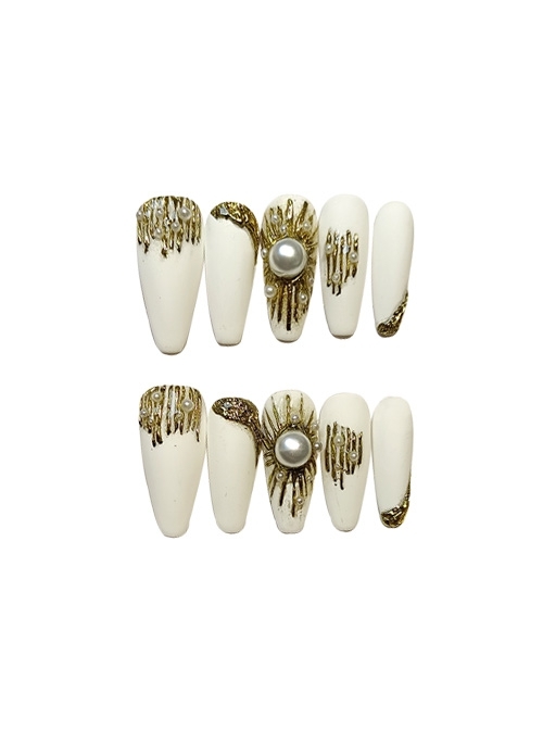 Golden Sun Pearl Decorative Hand-Painted Detachable Finished Long Manicure Nail Pieces
