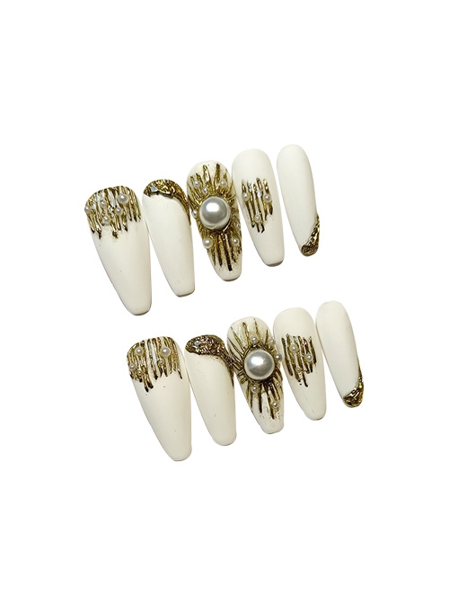 Golden Sun Pearl Decorative Hand-Painted Detachable Finished Long Manicure Nail Pieces