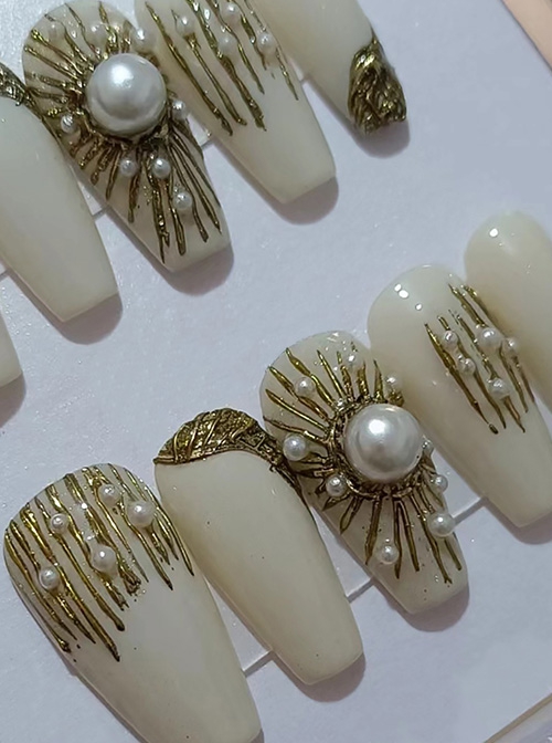 Golden Sun Pearl Decorative Hand-Painted Detachable Finished Long Manicure Nail Pieces