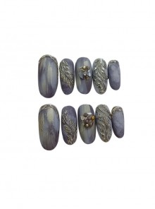 Gradient Metallic Color Hand-Painted Leaves Pearl Decoration Detachable Finished Long Nail Pieces