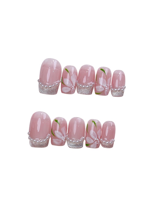 Spring Pink Hand-Painted Flowers Cat'S Eye Pearl Decoration Detachable Finished Short Manicure Nail Pieces