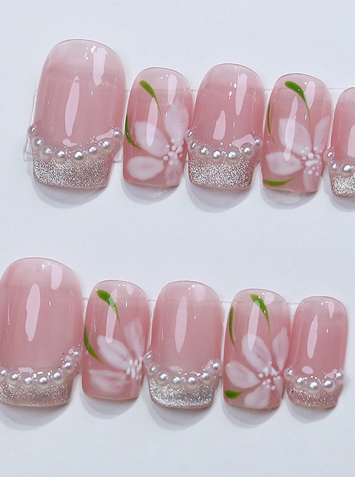 Spring Pink Hand-Painted Flowers Cat'S Eye Pearl Decoration Detachable Finished Short Manicure Nail Pieces