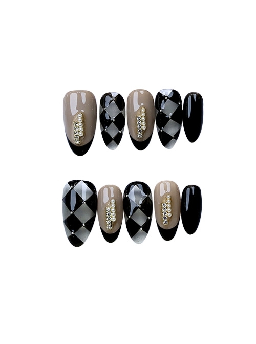 Sweet Cool Checkerboard Everyday Diamond Pearl Decoration Detachable Finished Short Manicure Nail Pieces
