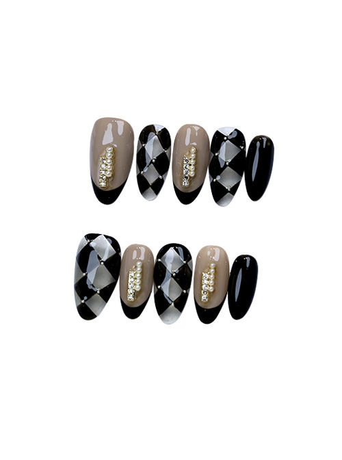 Sweet Cool Checkerboard Everyday Diamond Pearl Decoration Detachable Finished Short Manicure Nail Pieces