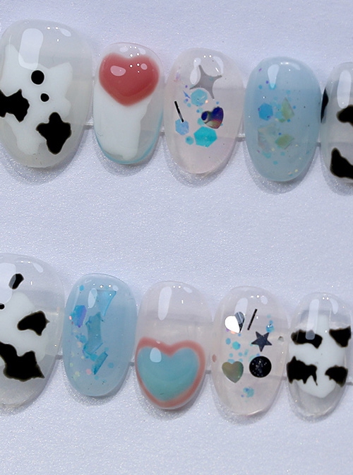 Fresh Summer Cute Cows Three-Dimensional Peach Heart Sweet Detachable Finished Short Manicure Nail Pieces