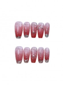 Peach Red Translucent Mid-Length Metal Water Drop Detachable Finished Manicure Nail Pieces