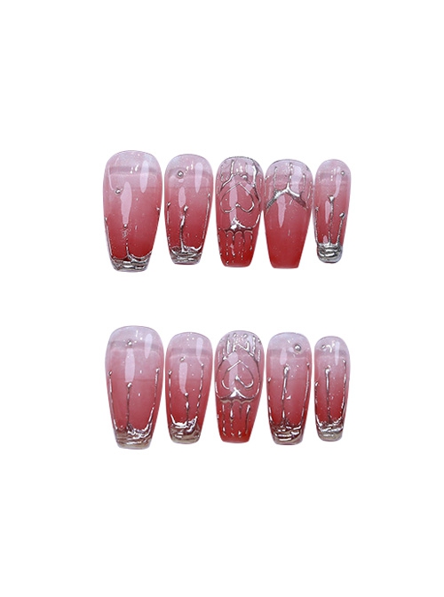 Peach Red Translucent Mid-Length Metal Water Drop Detachable Finished Manicure Nail Pieces