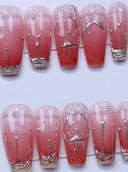 Peach Red Translucent Mid-Length Metal Water Drop Detachable Finished Manicure Nail Pieces