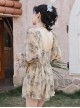 Rose Print Apricot Color Generous Neck Lacing Open Back Sexy Long-Sleeved One-Piece Swimsuit