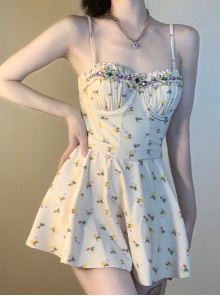 Floral Pure Color Slim Diamond Sling Sexy Sleeveless One-Piece Swimsuit