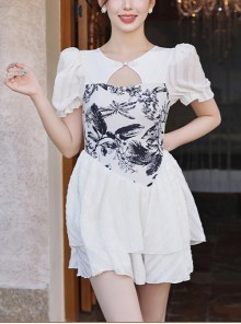 Round Neck Hollow Stitching Printed Lantern Sleeve Solid Color Conservative Short-Sleeved One-Piece Swimsuit