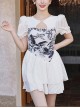 Round Neck Hollow Stitching Printed Lantern Sleeve Solid Color Conservative Short-Sleeved One-Piece Swimsuit